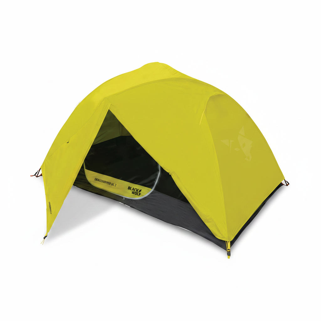 A yellow tent with a black interior, shown partially opened, emphasizing its design and structure.