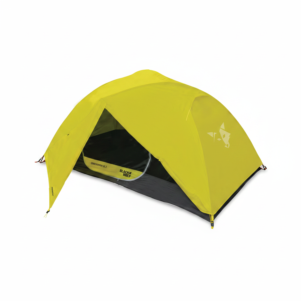 A yellow Grasshopper UL 3 Tent pitched, showing the entrance and part of the interior. 